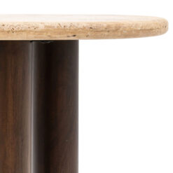 Boho Rustic Solid Dark Mango Wood Cylindrical Legs Slim Console Table With Travertine Stone Top 129cm