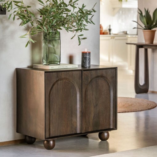 Boho Rustic Solid Dark Walnut Brown Mango Wood Arch Small Sideboard 85cm