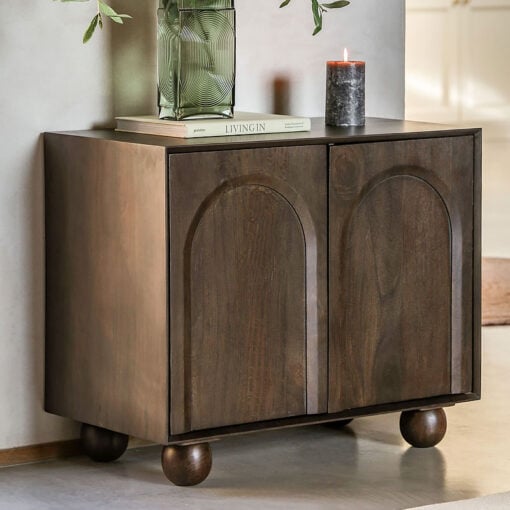 Boho Rustic Solid Dark Walnut Brown Mango Wood Arch Small Sideboard 85cm