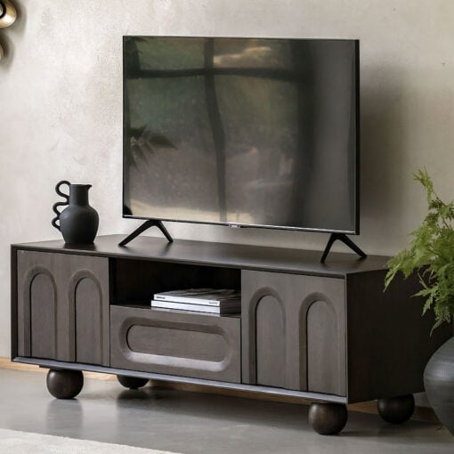 Boho Rustic Solid Dark Walnut Brown Mango Wood Arch TV Stand 140cm