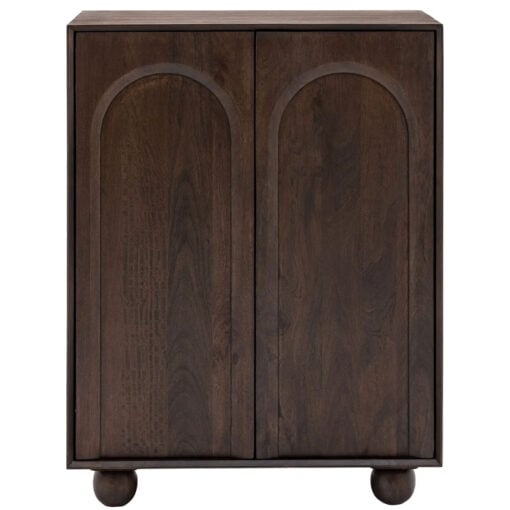 Boho Rustic Solid Dark Walnut Brown Mango Wood Arch Tall Cabinet Sideboard