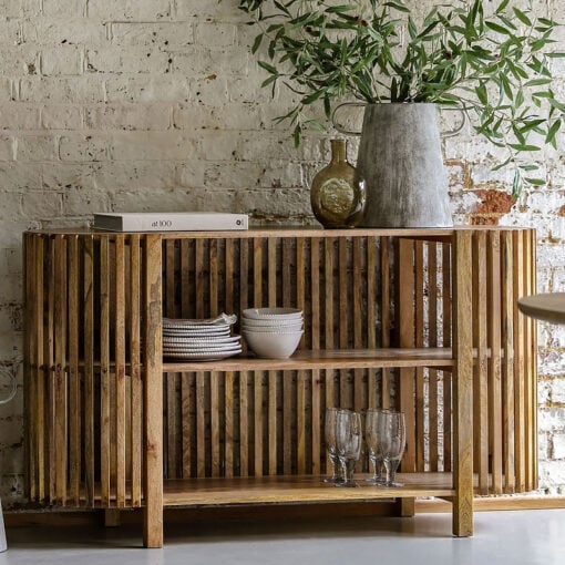 Boho Rustic Solid Light Mango Wood 2 Shelf Slatted Open 3 Tier Console Table 140cm