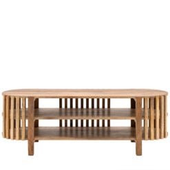 Boho Rustic Solid Light Mango Wood 2 Shelf Slatted Open TV Stand 120cm