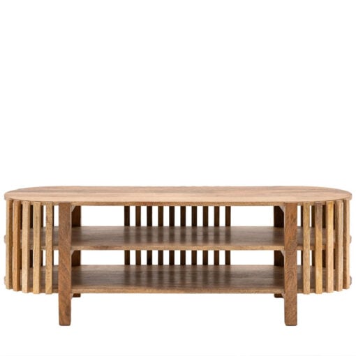 Boho Rustic Solid Light Mango Wood 2 Shelf Slatted Open TV Stand 120cm