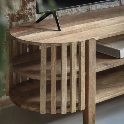 Boho Rustic Solid Light Mango Wood 2 Shelf Slatted Open TV Stand 120cm