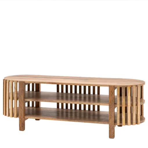 Boho Rustic Solid Light Mango Wood 2 Shelf Slatted Open TV Stand 120cm