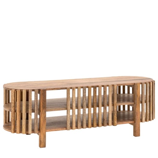 Boho Rustic Solid Light Mango Wood 2 Shelf Slatted Open TV Stand 120cm