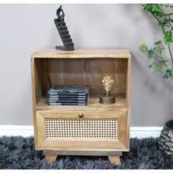 Boho Rustic Solid Light Mango Wood And Rattan 1 Drawer 1 Shelf Bedside Cabinet