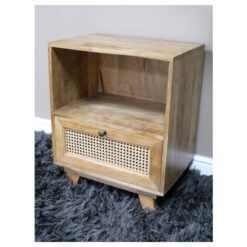Boho Rustic Solid Light Mango Wood And Rattan 1 Drawer 1 Shelf Bedside Cabinet