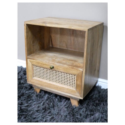 Boho Rustic Solid Light Mango Wood And Rattan 1 Drawer 1 Shelf Bedside Cabinet