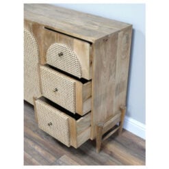 Boho Rustic Solid Light Mango Wood And Rattan 2 Door 3 Drawer Sideboard 135cm