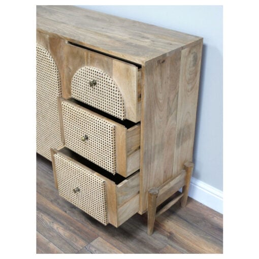 Boho Rustic Solid Light Mango Wood And Rattan 2 Door 3 Drawer Sideboard 135cm