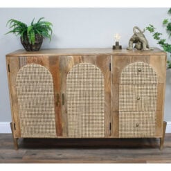 Boho Rustic Solid Light Mango Wood And Rattan 2 Door 3 Drawer Sideboard 135cm