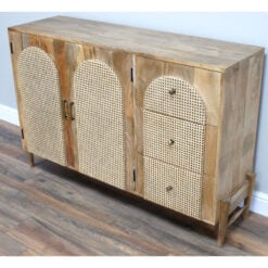Boho Rustic Solid Light Mango Wood And Rattan 2 Door 3 Drawer Sideboard 135cm