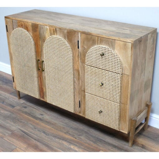 Boho Rustic Solid Light Mango Wood And Rattan 2 Door 3 Drawer Sideboard 135cm