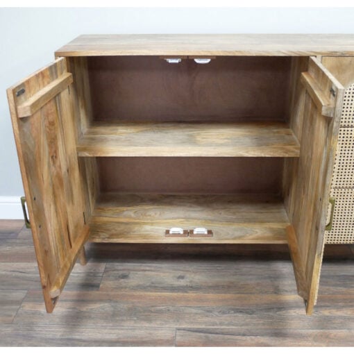 Boho Rustic Solid Light Mango Wood And Rattan 2 Door 3 Drawer Sideboard 135cm