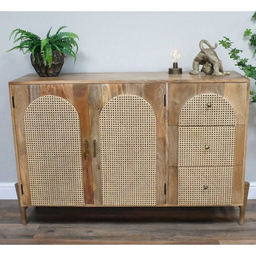 Boho Rustic Solid Light Mango Wood And Rattan 2 Door 3 Drawer Sideboard 135cm