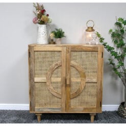 Boho Rustic Solid Light Mango Wood And Rattan 2 Door Small Sideboard Cabinet