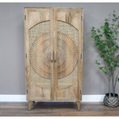 Boho Rustic Solid Light Mango Wood And Rattan 2 Door Tall Cabinet Wardrobe