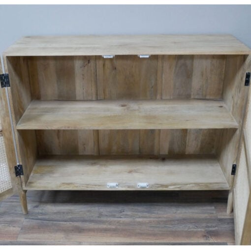 Boho Rustic Solid Light Mango Wood And Rattan Carved Sideboard Cabinet