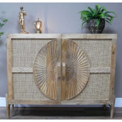 Boho Rustic Solid Light Mango Wood And Rattan Carved Sideboard Cabinet