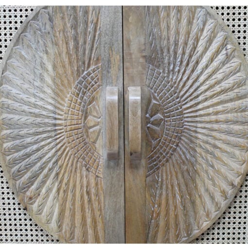 Boho Rustic Solid Light Mango Wood And Rattan Carved Sideboard Cabinet