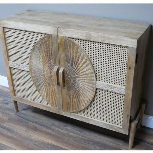 Boho Rustic Solid Light Mango Wood And Rattan Carved Sideboard Cabinet