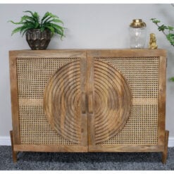 Boho Rustic Solid Light Mango Wood And Rattan Carved Sideboard Cabinet