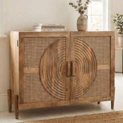 Boho Rustic Solid Light Mango Wood And Rattan Carved Sideboard Cabinet