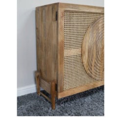 Boho Rustic Solid Light Mango Wood And Rattan Carved Sideboard Cabinet