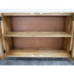 Boho Rustic Solid Light Mango Wood And Rattan Carved Sideboard Cabinet