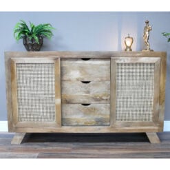 Boho Rustic Solid Light Mango Wood And Rattan Large Sideboard 150cm