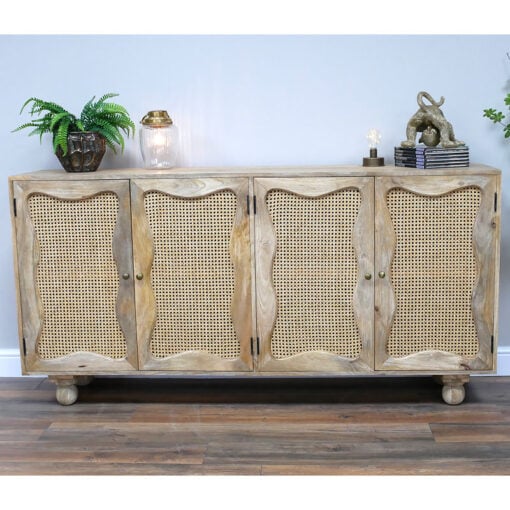 Boho Rustic Solid Light Mango Wood And Rattan Large Sideboard 180cm