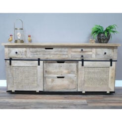 Boho Rustic Solid Light Mango Wood And Rattan Large Sideboard