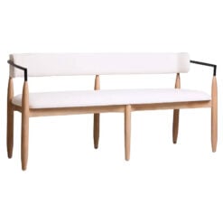 Boho Rustic Solid Light Mango Wood And Textured White Fabric Dining Bench 4 Person With Backrest 156cm