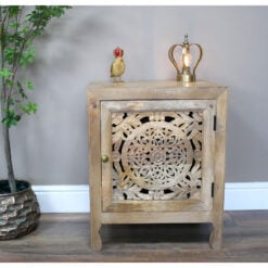 Boho Rustic Solid Light Mango Wood Carved 1 Door Bedside Cabinet Table