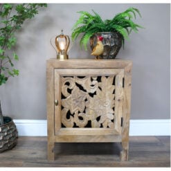 Boho Rustic Solid Light Mango Wood Carved 1 Door Bedside Cabinet Table