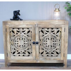 Boho Rustic Solid Light Mango Wood Carved 2 Door Sideboard Cabinet