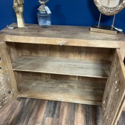 Boho Rustic Solid Light Mango Wood Carved 2 Door Sideboard Cabinet
