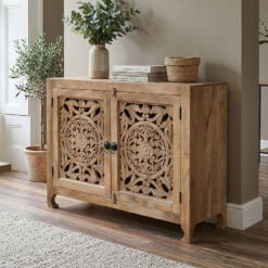 Boho Rustic Solid Light Mango Wood Carved 2 Door Sideboard Cabinet
