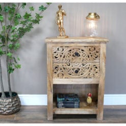 Boho Rustic Solid Light Mango Wood Carved 2 Drawer 1 Shelf Bedside Cabinet Side Table