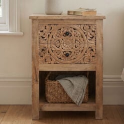 Boho Rustic Solid Light Mango Wood Carved 2 Drawer 1 Shelf Bedside Cabinet Side Table