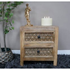 Boho Rustic Solid Light Mango Wood Carved 2 Drawer Bedside Cabinet Table