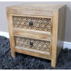 Boho Rustic Solid Light Mango Wood Carved 2 Drawer Bedside Cabinet Table