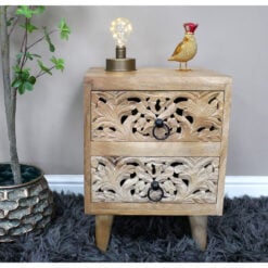 Boho Rustic Solid Light Mango Wood Carved 2 Drawer Bedside Cabinet Table