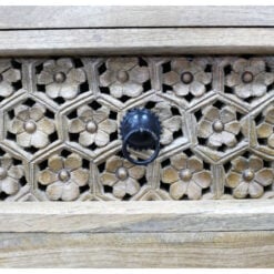 Boho Rustic Solid Light Mango Wood Carved 2 Drawer Bedside Cabinet Table