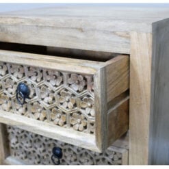 Boho Rustic Solid Light Mango Wood Carved 2 Drawer Bedside Cabinet Table