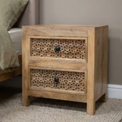 Boho Rustic Solid Light Mango Wood Carved 2 Drawer Bedside Cabinet Table