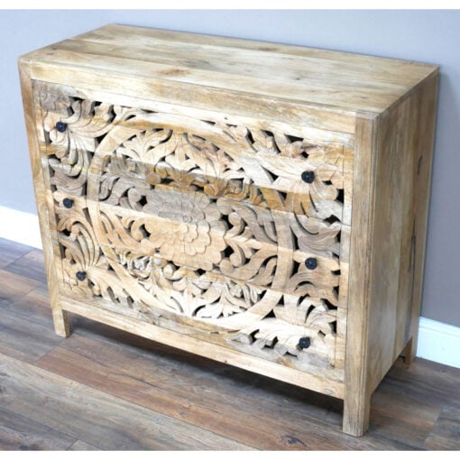 Boho Rustic Solid Light Mango Wood Carved 3 Drawer Chest Of Drawers