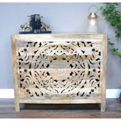 Boho Rustic Solid Light Mango Wood Carved 3 Drawer Chest Of Drawers